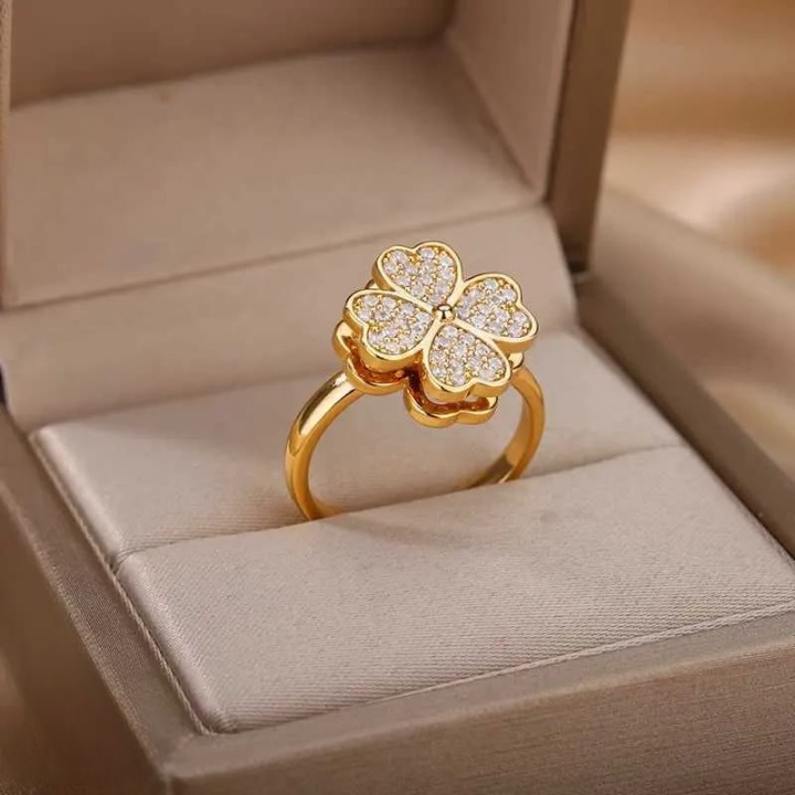 Clover Zircon Rotating Ring Silver & Golden, Adjustable Spinner Ring for Women (PWJ-111)