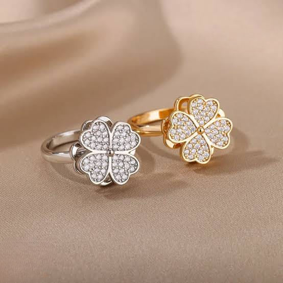 Clover Zircon Rotating Ring Silver & Golden, Adjustable Spinner Ring for Women (PWJ-111) - Image 2