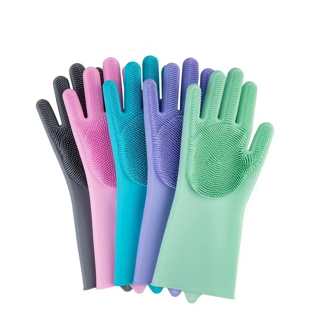 Magic Silicone Dish washing Gloves Reusable Rubber Cleaning Gloves with Built-In Scrubber for Kitchen & Household Use (Random color) - Image 4