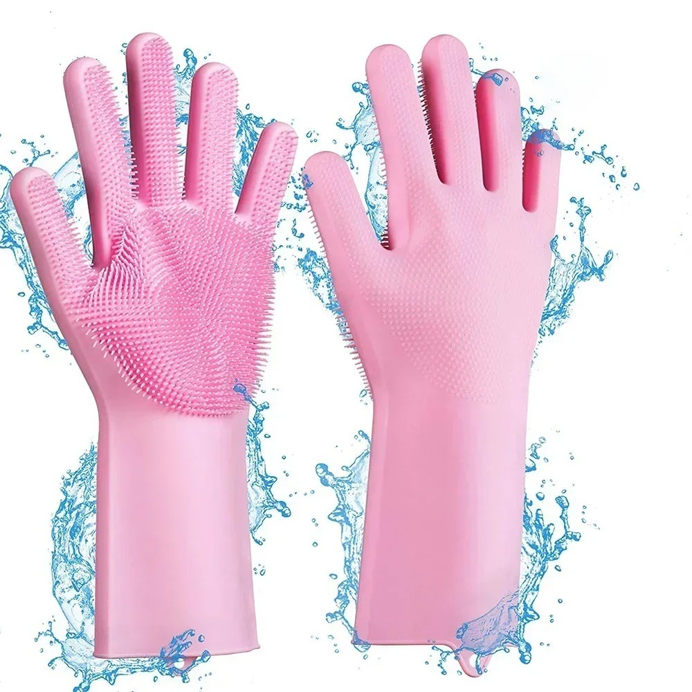 Magic Silicone Dish washing Gloves Reusable Rubber Cleaning Gloves with Built-In Scrubber for Kitchen & Household Use (Random color) - Image 3