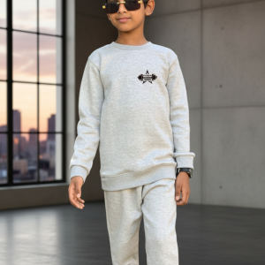Grey Printed Fleece Winter Kids Tracksuit