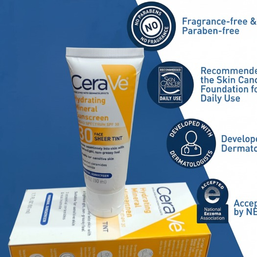 CeraVe Hydrating Mineral Sunscreen SPF 50 | Broad Spectrum UV Protection with Hyaluronic Acid & Ceramides 50ml