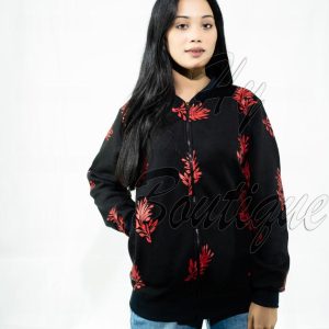 Winter Collection Womens Red Leaf Print Jacket | Stylish & Warm Outerwear | Trendy Winter Fashion for Ladies