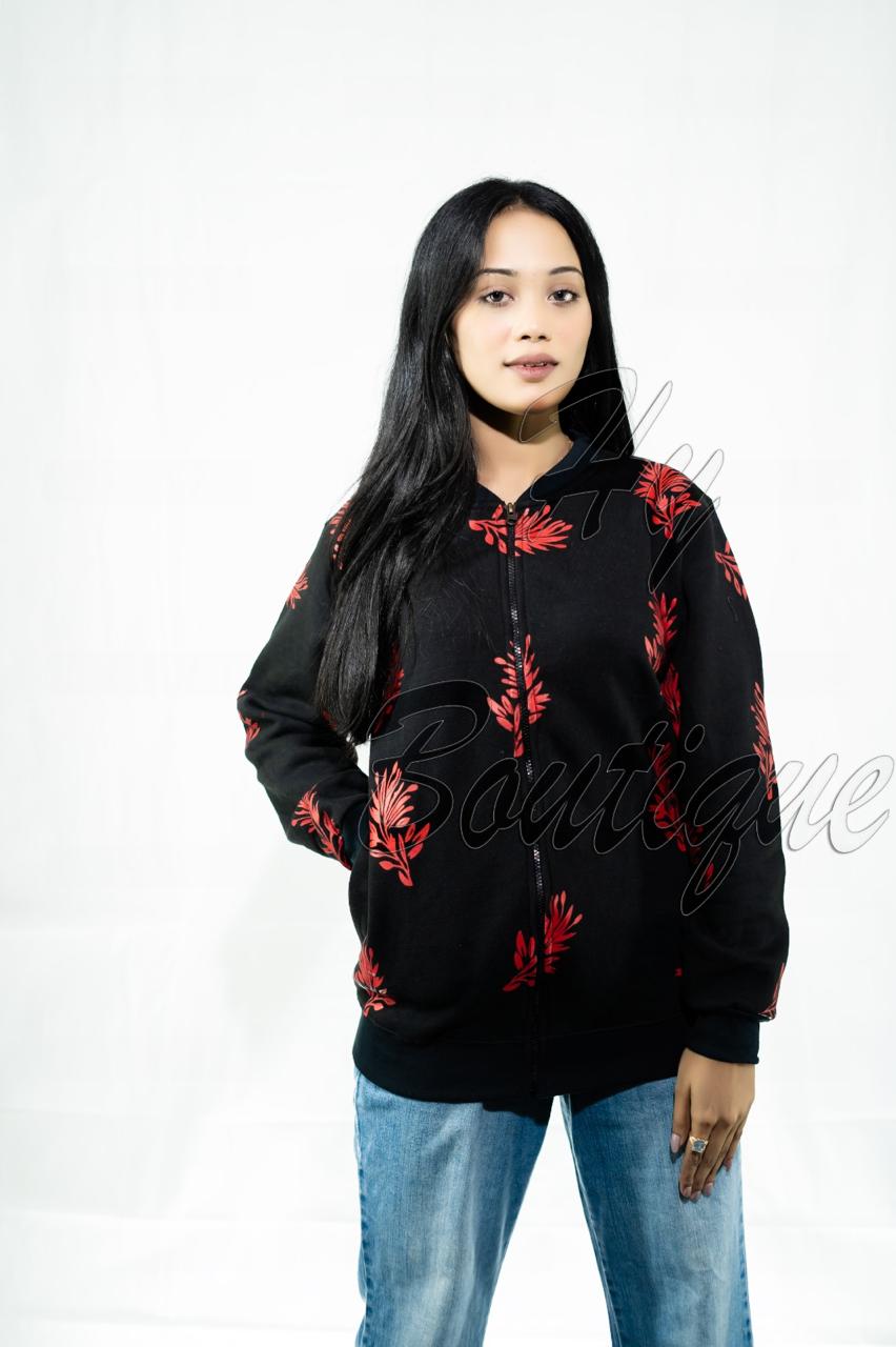 Winter Collection Womens Red Leaf Print Jacket | Stylish & Warm Outerwear | Trendy Winter Fashion for Ladies