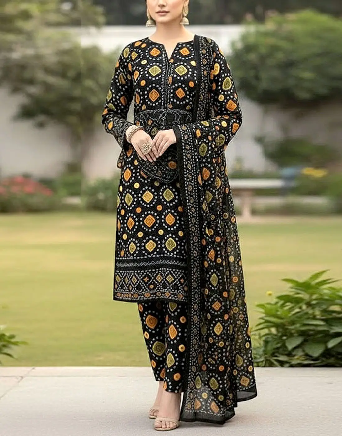 Elegant Digital Chunri Print Embroidered Lawn 3 Piece Unstitched Suit with Chiffon Dupatta Summer Collection