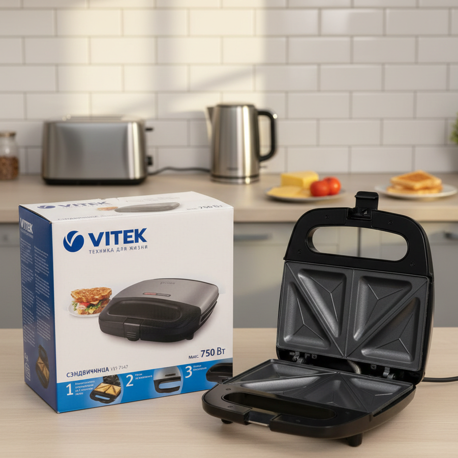 Vitek VT?7147 Sandwich Maker | 750W | Non-Stick Plates | 4 Triangular Toasts | Compact & Safe Design - Image 3