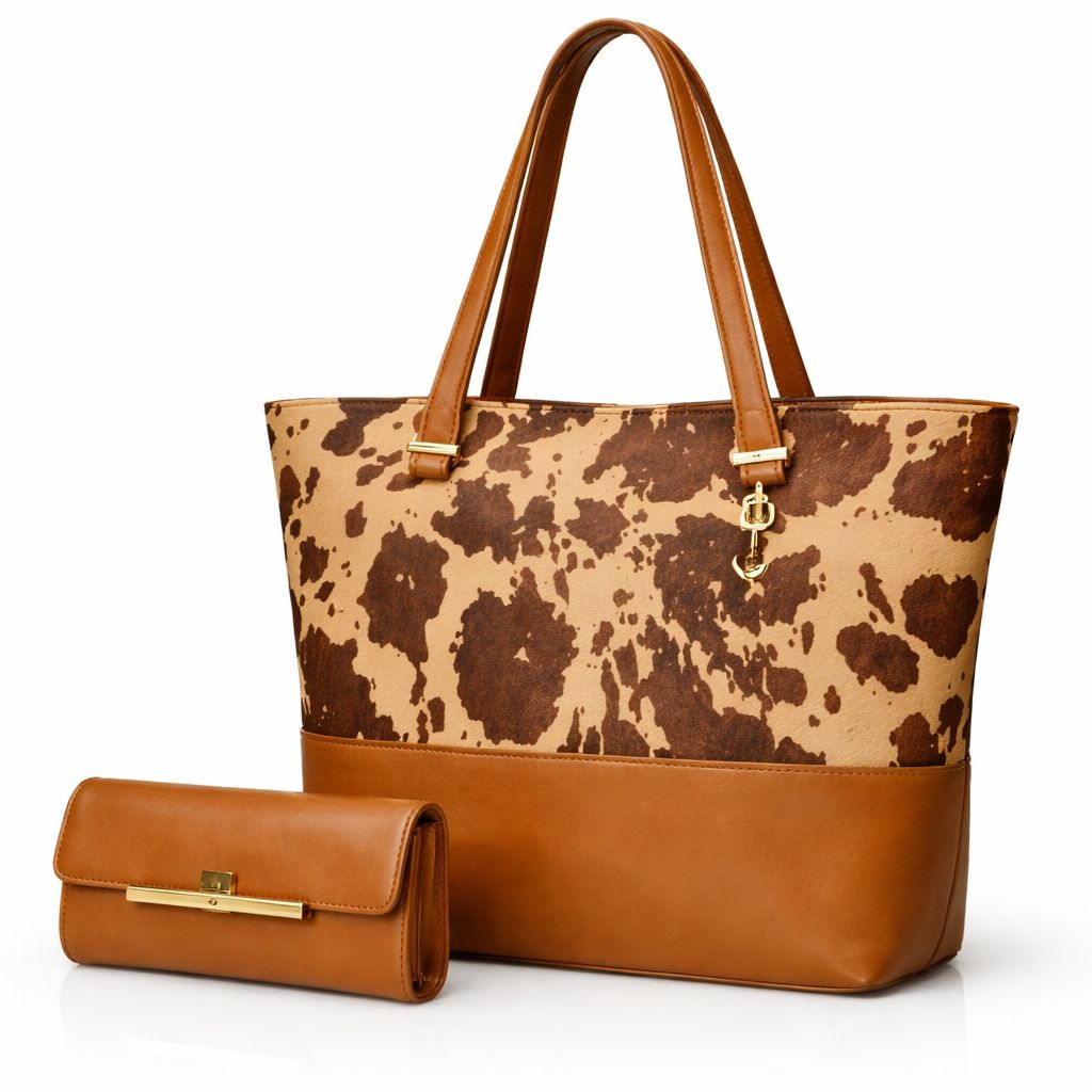 2 Pcs Premium Cow Print Tote Bag Set for Women Stylish Shoulder Handbag with Matching Pouch - Image 3