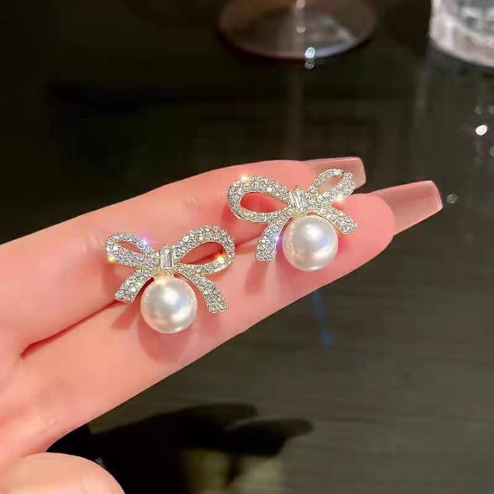 Bow Knot Pearl Earrings with Zircon Korean Style (PJX-113) - Image 3