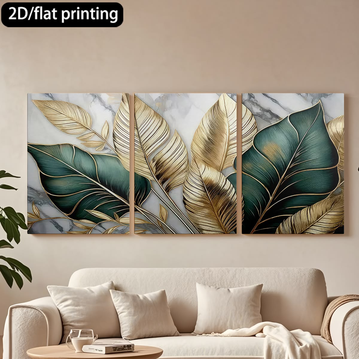 Modern 3-Piece Tropical Leaf Wall Frame Set Gold & Green on Marble Background
