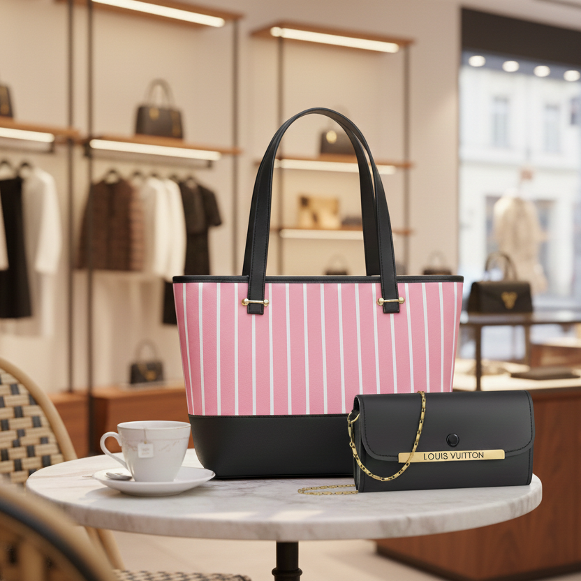 Elegant 2-Piece Women's Handbag Set: Chic Pink Striped Tote & Sophisticated Louis Vuitton Branded Chain Clutch - Image 2