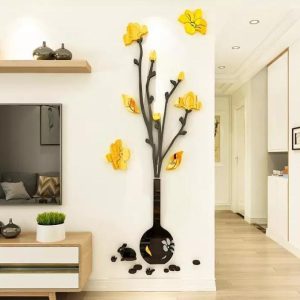 Acrylic Mirror Rabbit Vase Wall Decoration Golden & Black 3D Wall Art Sticker Decal with Paper Chart (4 Feet)