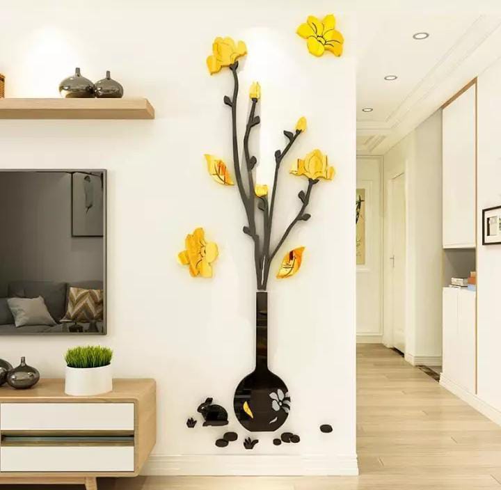 Acrylic Mirror Rabbit Vase Wall Decoration Golden & Black 3D Wall Art Sticker Decal with Paper Chart (4 Feet)
