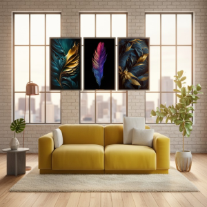3-Piece Feather Design Wall Art Frames Modern Decorative Wall Hanging Set, 8x11 Inches Each with Double Tape for Easy Installation