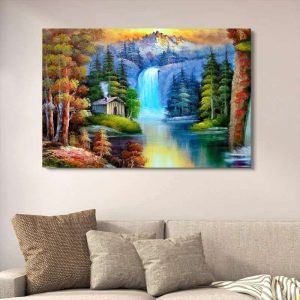 Scenic Mountain Waterfall Wooden Art Frame | Peaceful Forest Cabin Wall Decor