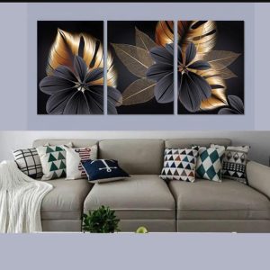 Luxury Floral Wall Art Set 3 Wooden Frames (8x11) with Elegant Black & Gold Botanical Design | Easy Wall Mounting with Double Tape