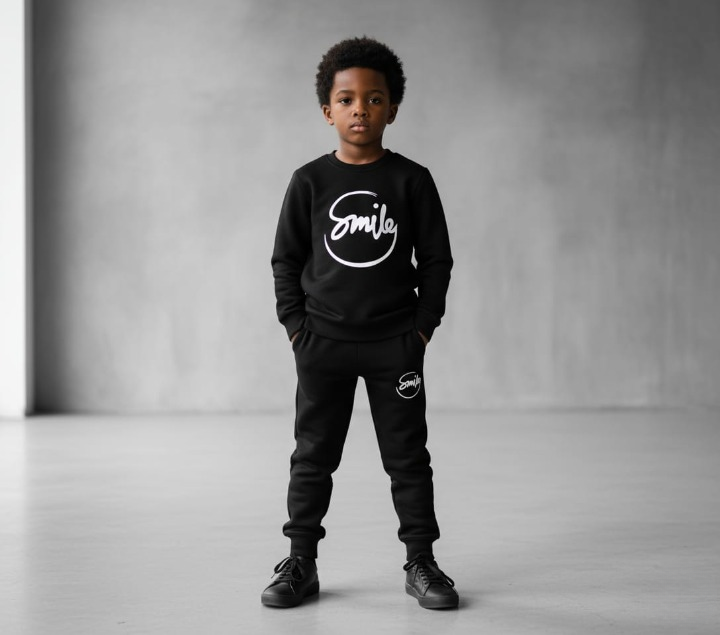 Kids SMILE Printed Stylish Black & Black Tracksuit Set - Image 2