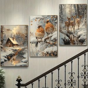 Serene 3-Piece Winter Nature Wall Frame Set  Cabin, Birds & Deer in Snow