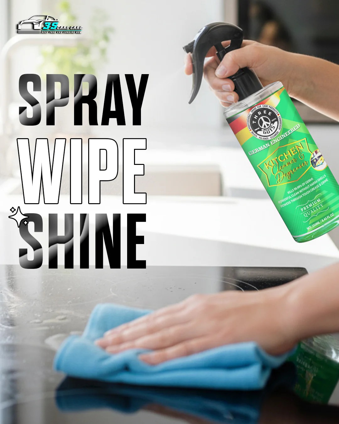Kitchen Cleaner & Degreaser Heavy Duty, Germ-Killing & Grease-Fighting Formula | THREE GUYS - German Engineered (250) ML
