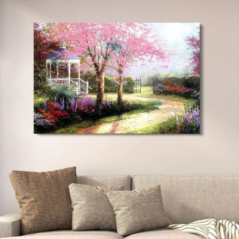 Pink Cherry Blossom Garden Wall Decor | Romantic Gazebo Landscape Painting | Wooden Art Frame 12x16 Inches