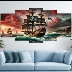 Pirate Ship Ocean Voyage Wall Art  5-Piece Canvas Set (16x40 inches)