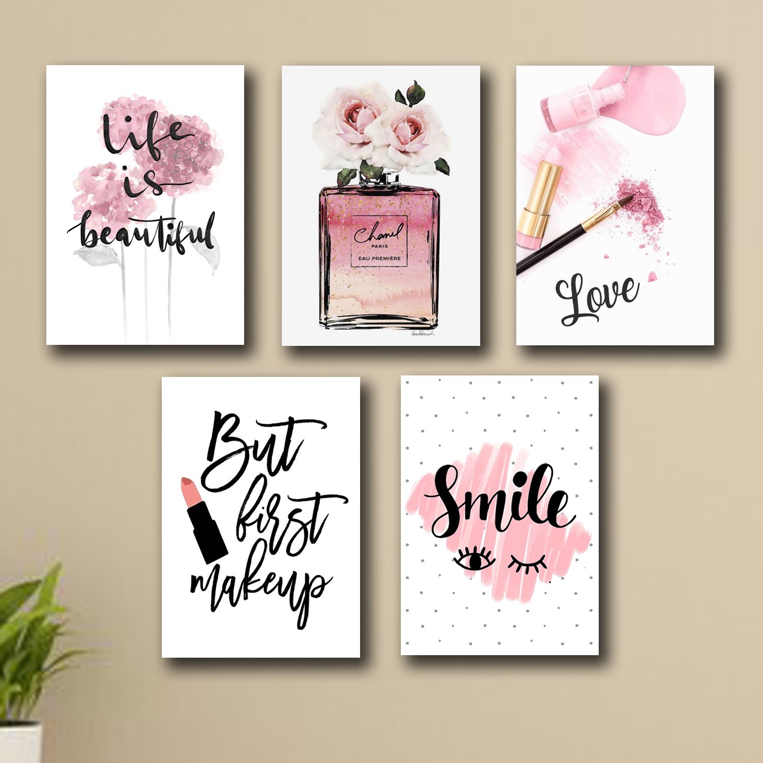 Set of 5 Makeup-Themed Wall Art Frames 8x11 MDF with Sticky Backing