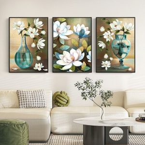 Elegant 3-Piece Floral Wall Frame Set  White Blossoms & Teal Vase Art