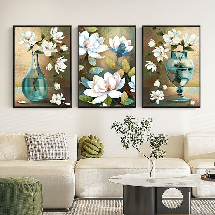 Elegant 3-Piece Floral Wall Frame Set White Blossoms & Teal Vase Art