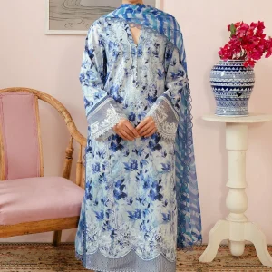 Malina Embroidered Luxury Lawn Unstitched 3Pc Suit  Ice Blue Floral Digital Print with Chiffon Dupatta