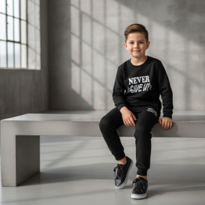 Kids Never Give Up Printed Black & Black Tracksuit Set