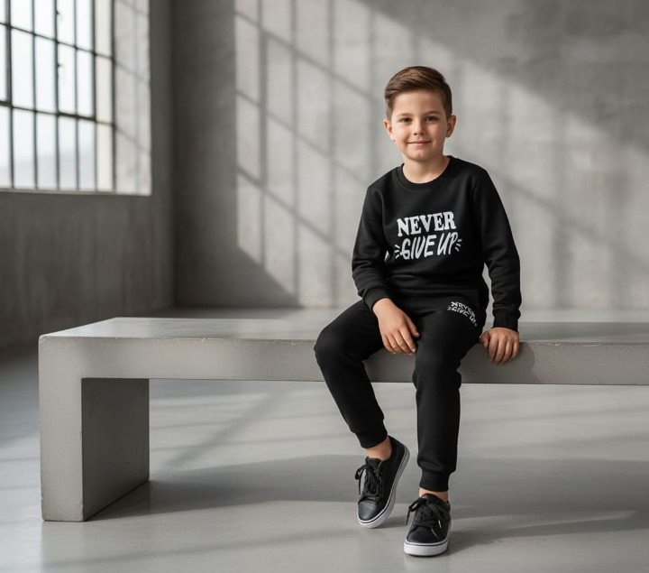 Kids Never Give Up Printed Black & Black Tracksuit Set