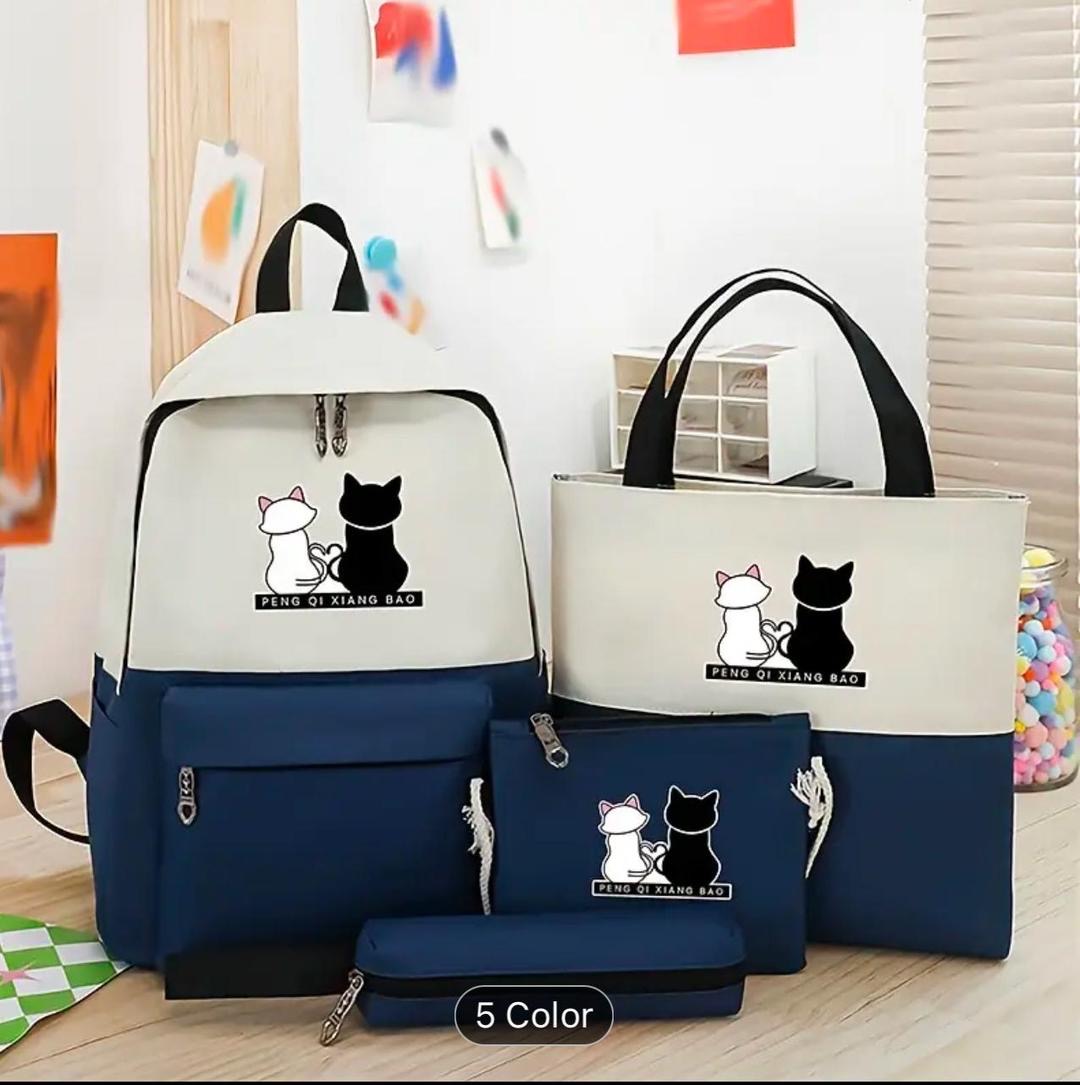 Cute Cat Print 5-in-1 School Bag Set for Girls Backpack, Handbag, Crossbody Pouch, Pencil Case & Lunch Bag Stylish Combo - Image 4