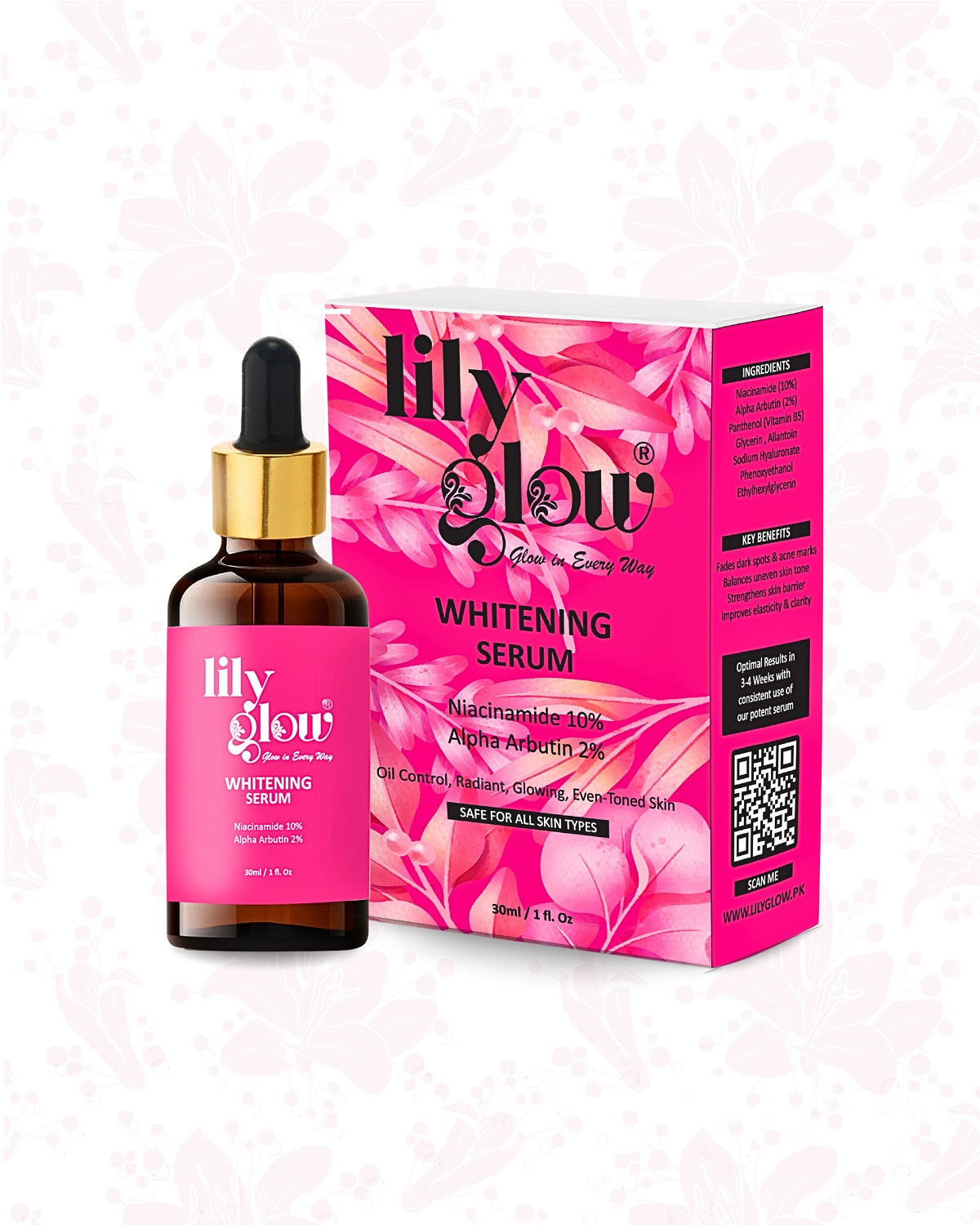 Lily Glow Whitening Serum for Face, Hands & Feet Glutathione, Brightening Formula | For Men, Women, Oily & Dry Skin 30ml