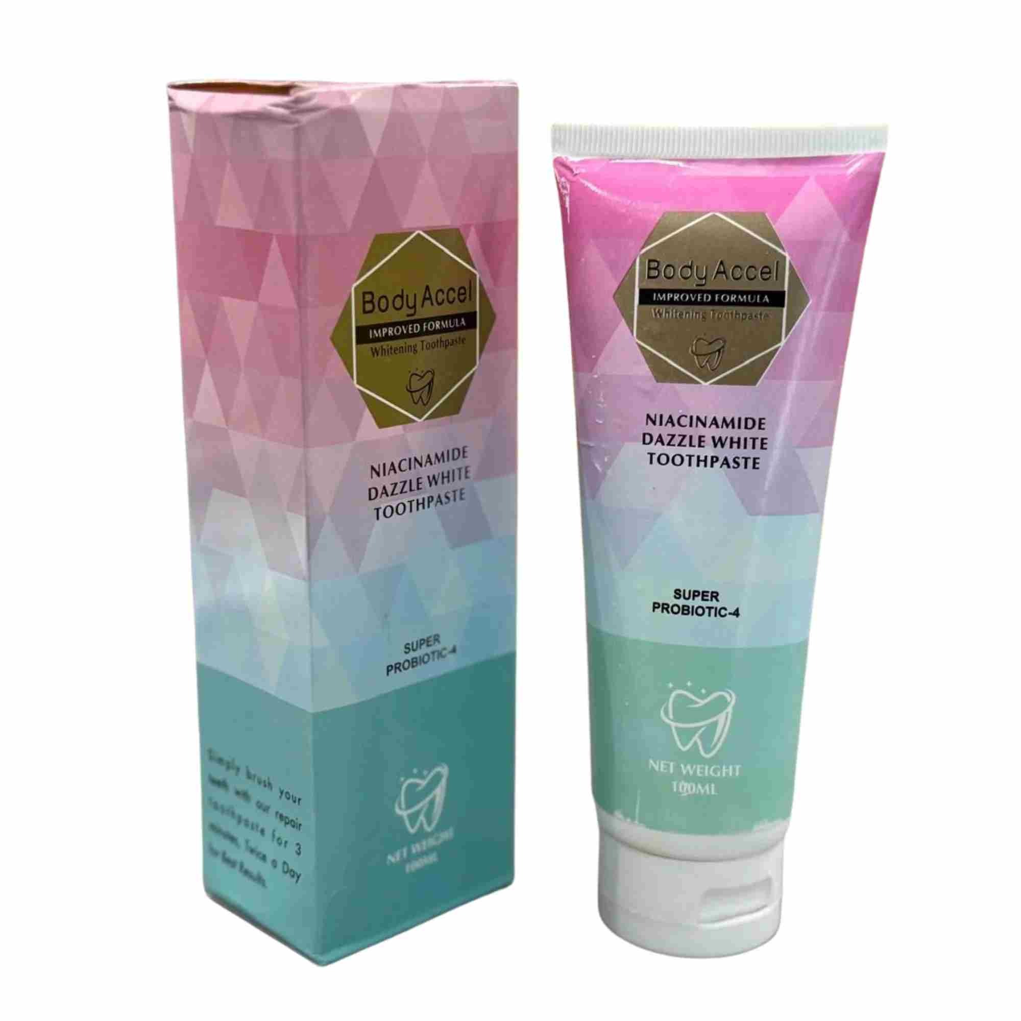 Body Accel Niacinamide Whitening Toothpaste 100ml Advanced Stain Removal with Probiotics for Bright Smile & Fresh Breath