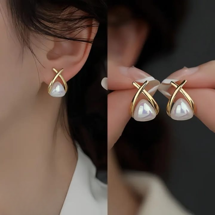 Trendy Korean Cross Pearl Earrings Sculpted Design (AVT-114) - Image 2