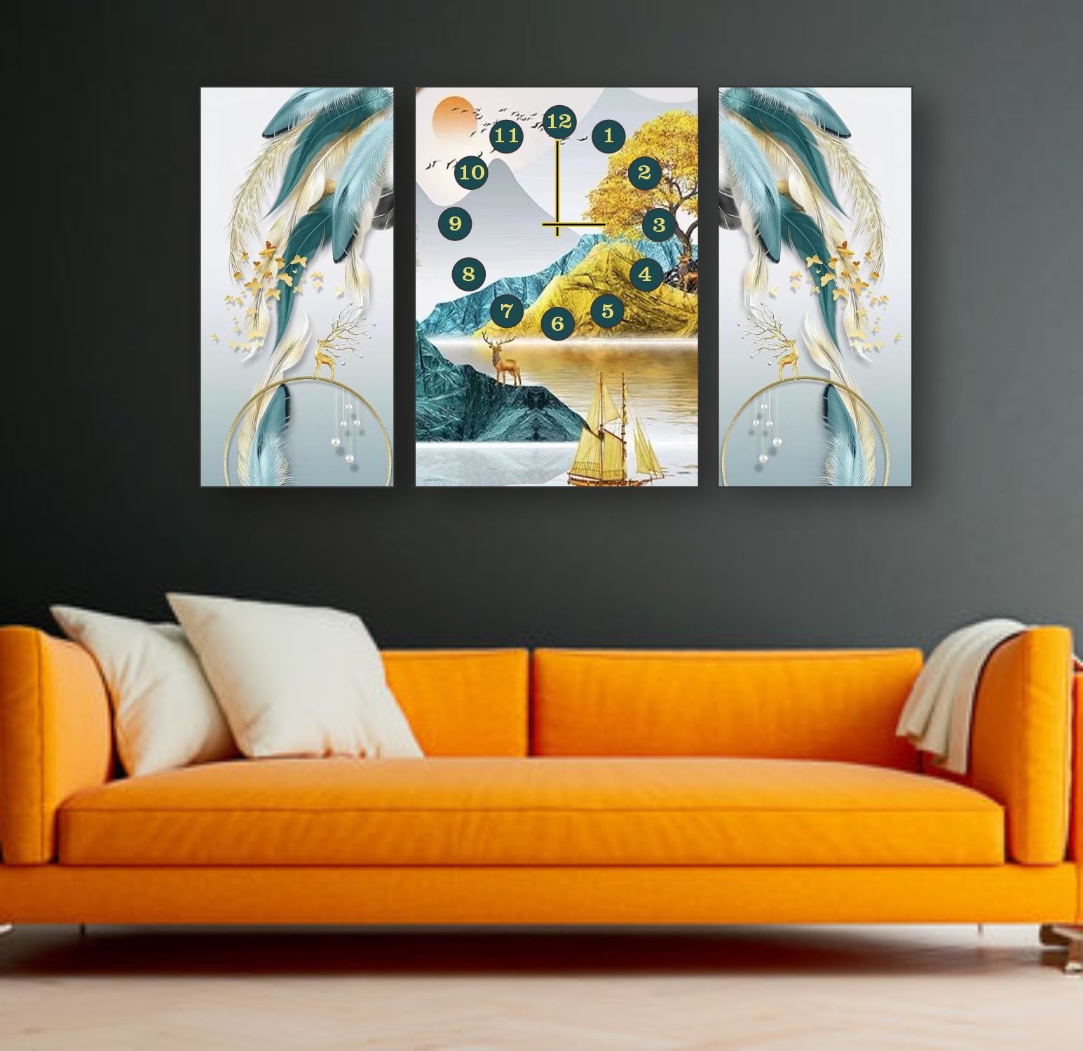 Golden Horizon 3-Piece Wooden Wall Clock Set Scenic Centerpiece with Abstract Feather Panels Without Cell/Battery. - Image 3