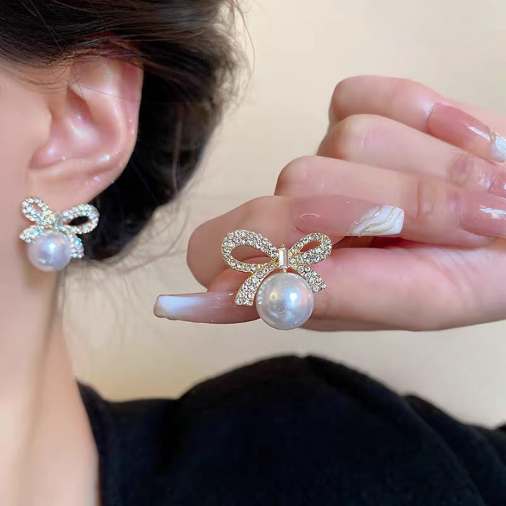 Bow Knot Pearl Earrings with Zircon Korean Style (PJX-113) - Image 2