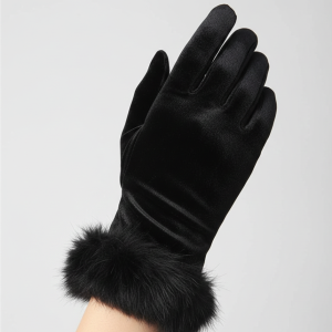 Women's & Girls Black Winter Velvet Gloves with Fur Cuff Warm Soft Hand Gloves (1 Pair)