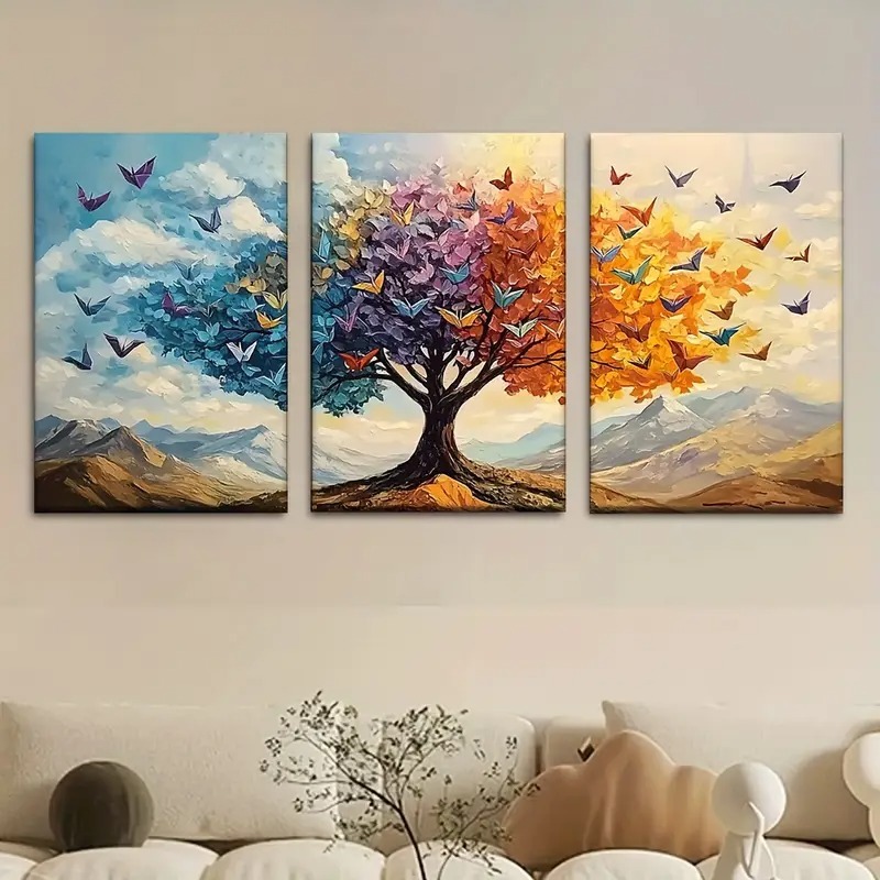 3 Piece Tree & Butterfly Wall Art Wooden Sticky Tile Frames with Self-Adhesive Tape for Easy Home Decoration - Image 2