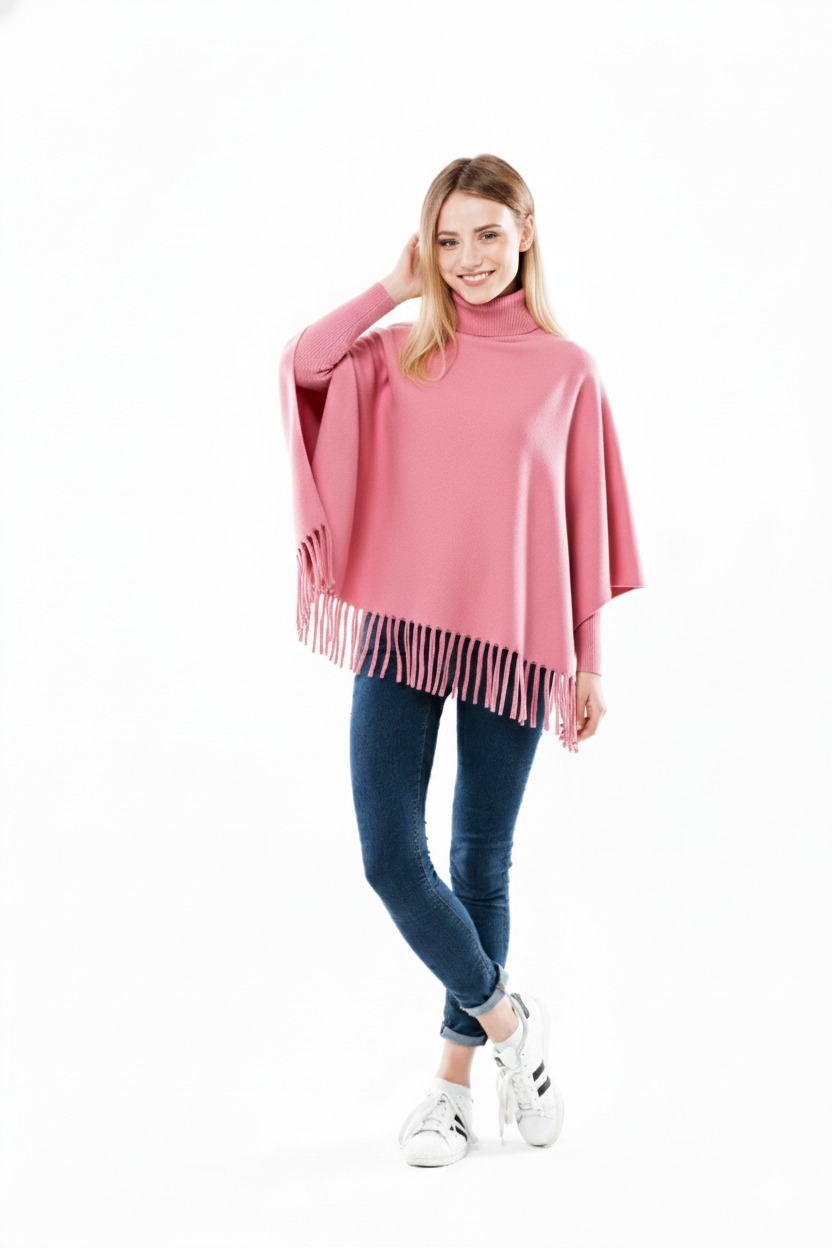 Winter Fleece Poncho with High Neck, Tassel Design & Adjustable Short Sleeves For Girls/Princess Free Sizes - Image 4