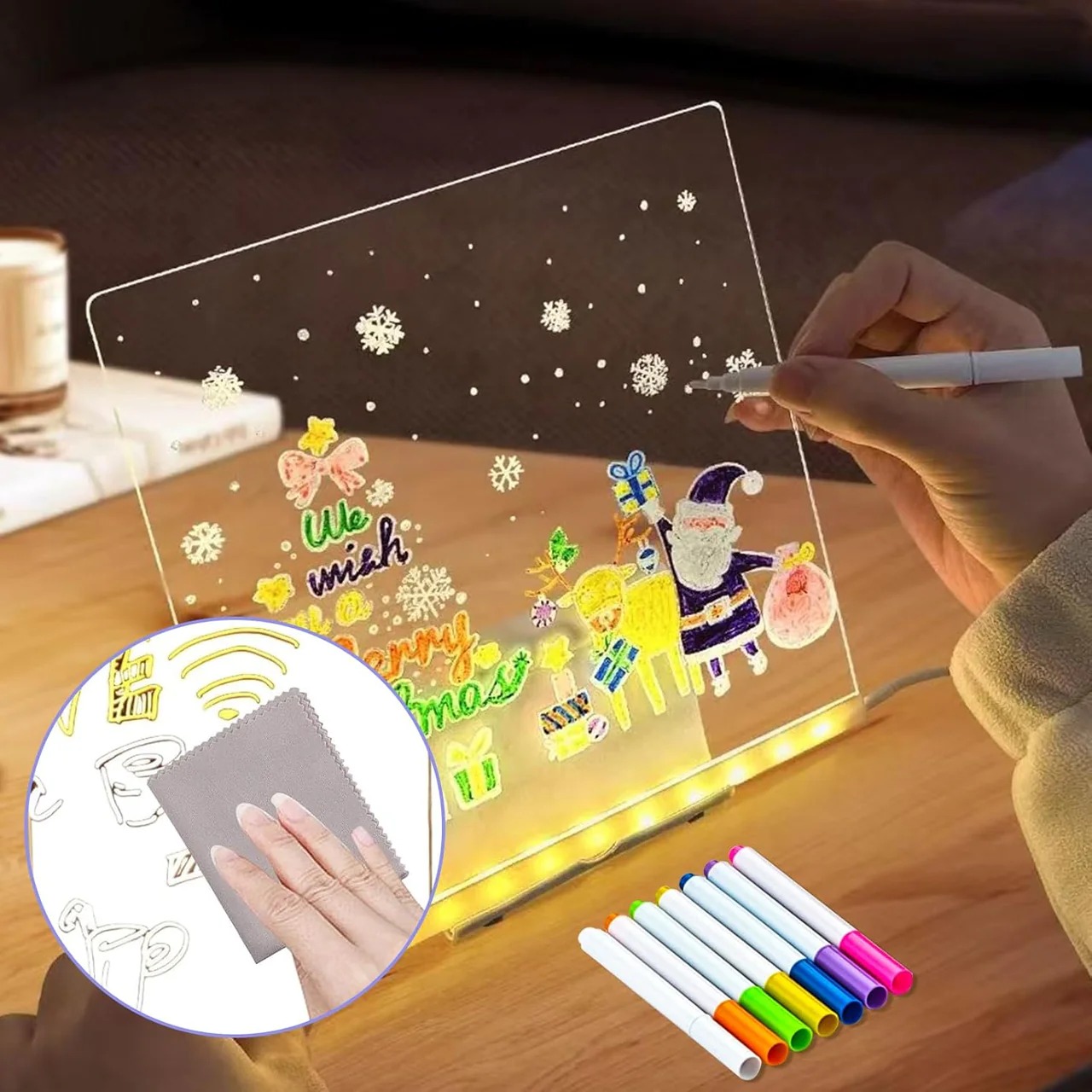LED Light-Up Transparent Writing Board With 7 Marker | 15×15 cm Acrylic Pad with Stand | Colorful DIY Notes & Erasable Pens - Image 3