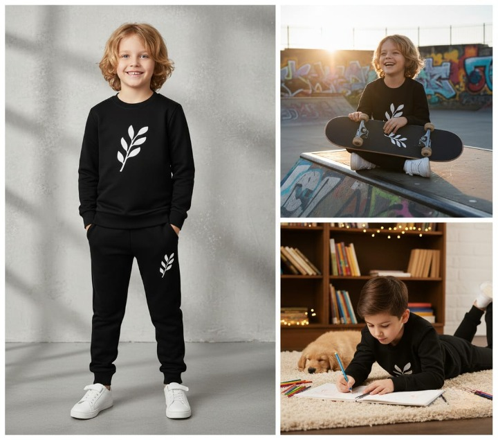 Kids Printed Stylish Black & Black Tracksuit Set - Image 2