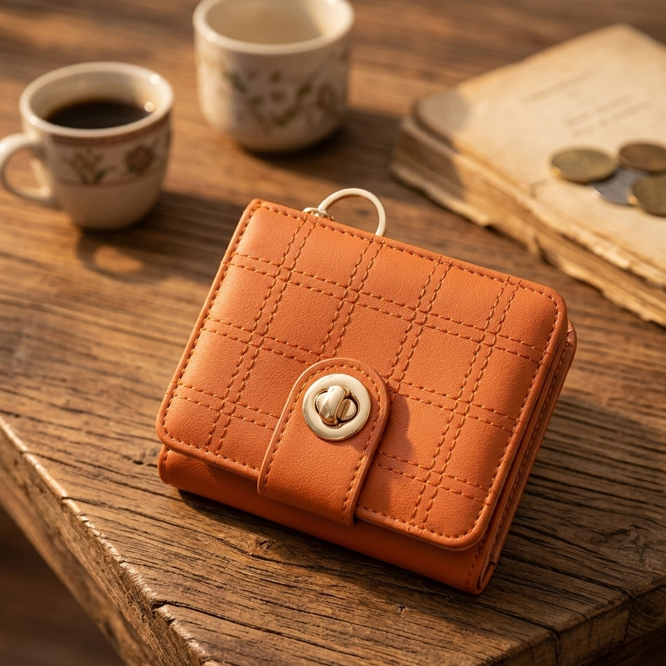 Stylish Compact Check Pattern PU Leather Wallet with Metal Button Closure - Image 2