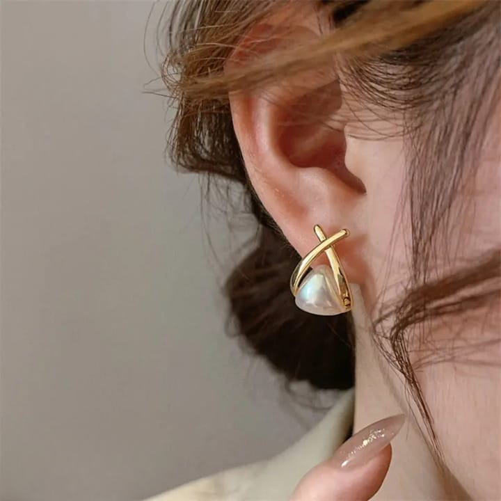 Trendy Korean Cross Pearl Earrings Sculpted Design (AVT-114)