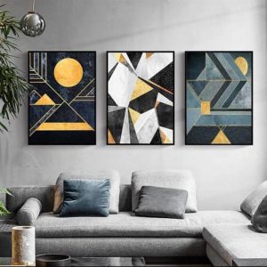 Modern Abstract Wall Art Set  3 Wooden Frames (8x11) with Geometric Gold & Black Designs | Easy Wall Mounting with Double Tape