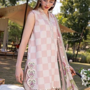 Luxury All-Over Checkerboard Print Embroidered Lawn 3Pc Unstitched Suit with Chiffon Dupatta  EID & Party Wear