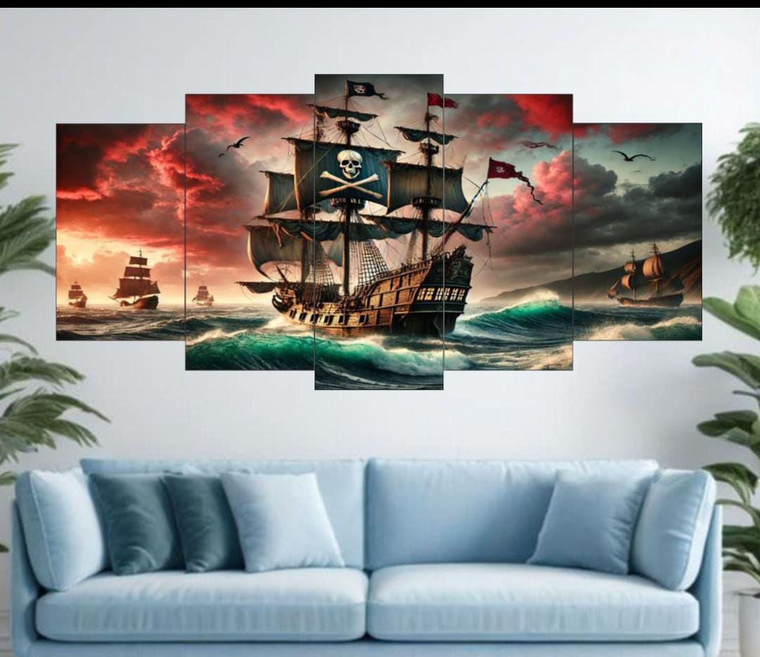 Pirate Ship Ocean Voyage Wall Art 5-Piece Canvas Set (16x40 inches) - Image 2