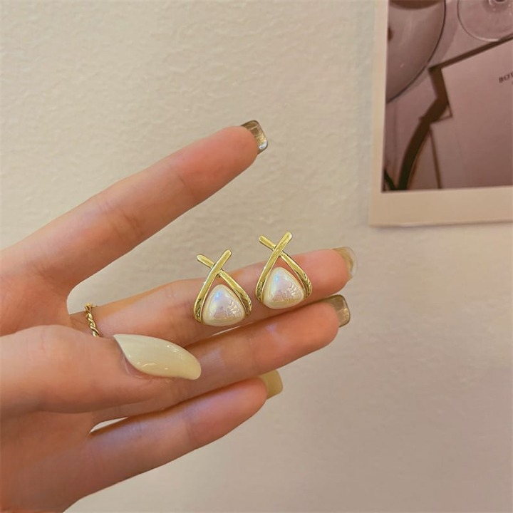 Trendy Korean Cross Pearl Earrings Sculpted Design (AVT-114) - Image 4
