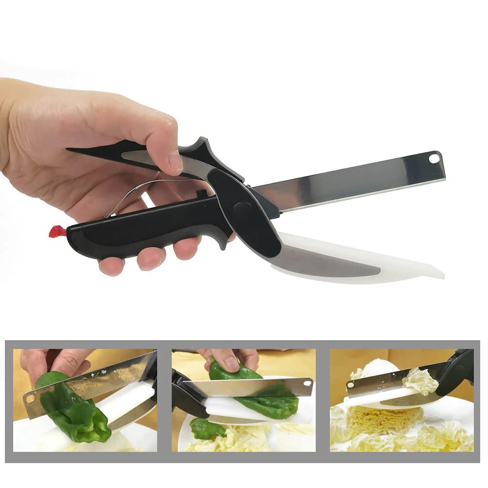New Smart Clever Cutter Scissor 2 In 1 Cutting Board Utility Cutter Stainless Steel Outdoor Vegetable Knife Multi Function - Image 2
