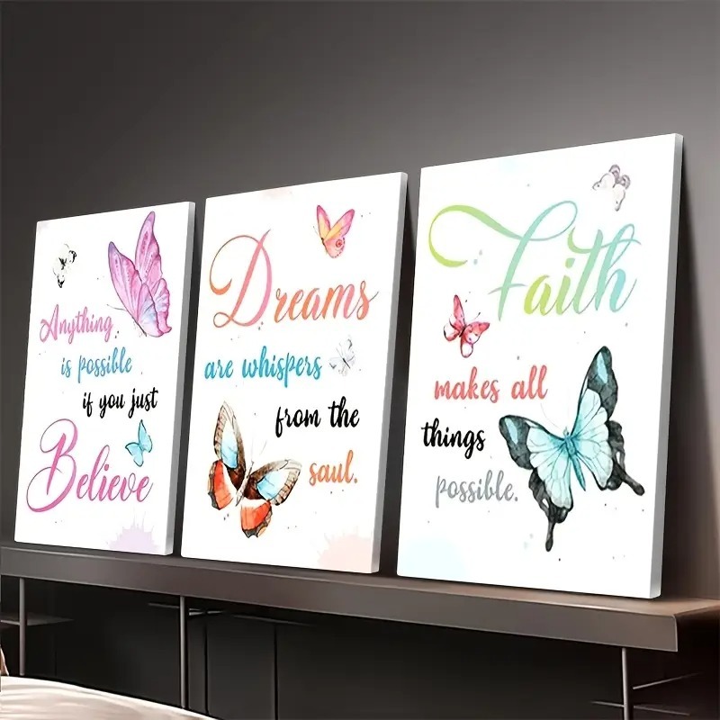 Believe, Dream, Faith 3-Piece Inspirational Butterfly Wall Art Set (8x11 inch)