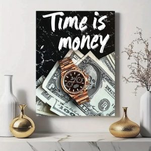 Time is Money Wall Art Frame Inch Wooden Sticky Tile with Watch & Dollar Design, Self-Adhesive Home Decor